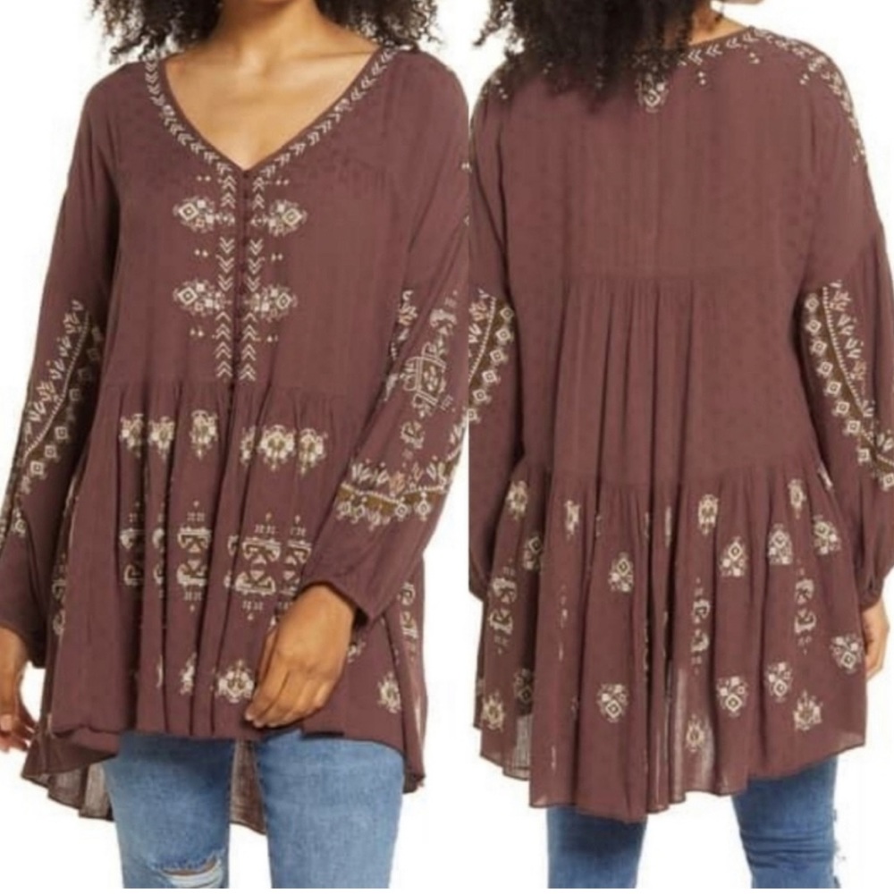Free People Arianna Embroidered Tunic Brown Sz. XS